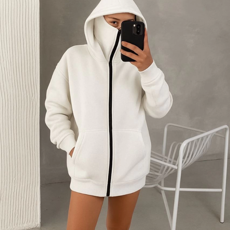 Samuray Ninja Çift Kapşonlu ZIP Fermuarlı Kanguru Çepli Hoodie Maske detaylı  sweatshirt - Beyaz