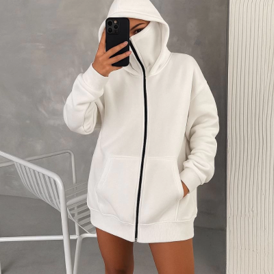 Samuray Ninja Çift Kapşonlu ZIP Fermuarlı Kanguru Çepli Hoodie Maske detaylı  sweatshirt - Beyaz
