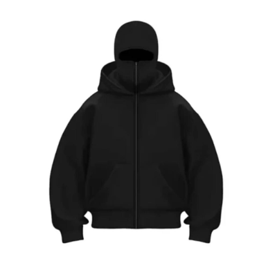 Samuray Ninja Çift Kapşonlu ZIP Fermuarlı Kanguru Çepli Hoodie Maske detaylı  sweatshirt - Siyah