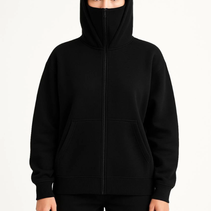 Samuray Ninja Çift Kapşonlu ZIP Fermuarlı Kanguru Çepli Hoodie Maske detaylı  sweatshirt - Siyah