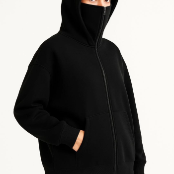Samuray Ninja Çift Kapşonlu ZIP Fermuarlı Kanguru Çepli Hoodie Maske detaylı  sweatshirt - Siyah