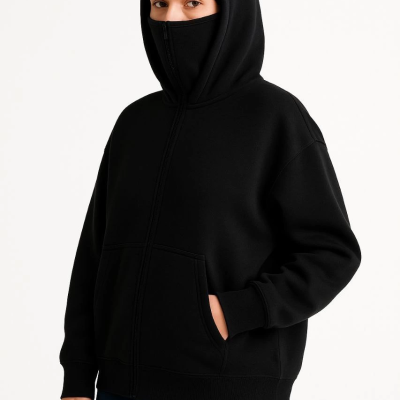 Samuray Ninja Çift Kapşonlu ZIP Fermuarlı Kanguru Çepli Hoodie Maske detaylı  sweatshirt - Siyah