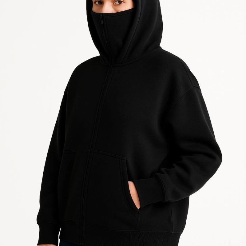 Samuray Ninja Çift Kapşonlu ZIP Fermuarlı Kanguru Çepli Hoodie Maske detaylı  sweatshirt - Siyah