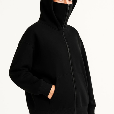 Samuray Ninja Çift Kapşonlu ZIP Fermuarlı Kanguru Çepli Hoodie Maske detaylı  sweatshirt - Siyah