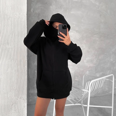 Samuray Ninja Çift Kapşonlu ZIP Fermuarlı Kanguru Çepli Hoodie Maske detaylı  sweatshirt - Siyah