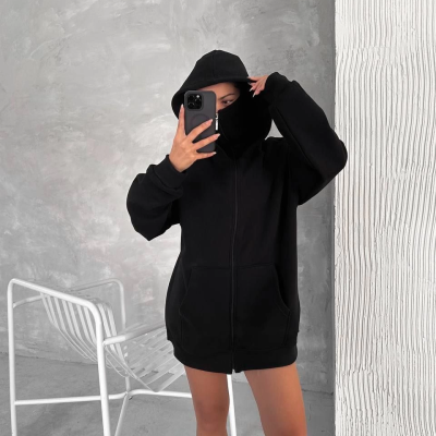 Samuray Ninja Çift Kapşonlu ZIP Fermuarlı Kanguru Çepli Hoodie Maske detaylı  sweatshirt - Siyah