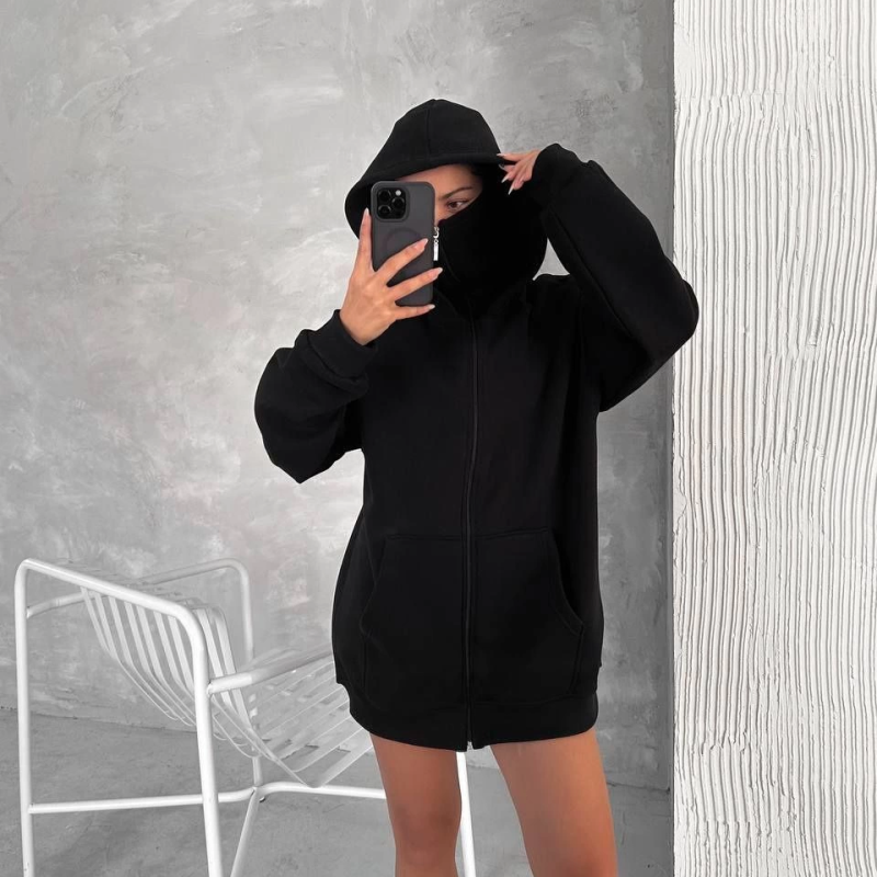 Samuray Ninja Çift Kapşonlu ZIP Fermuarlı Kanguru Çepli Hoodie Maske detaylı  sweatshirt - Siyah