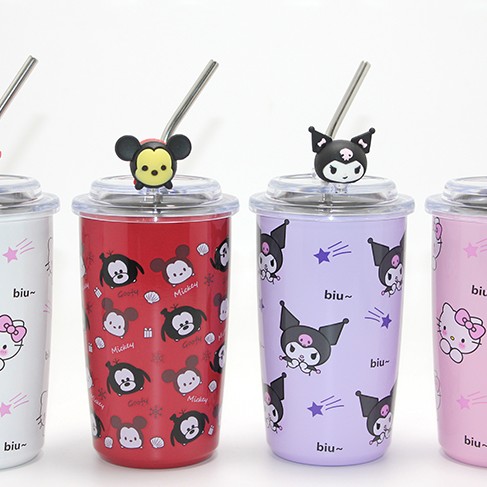 Sanrio Hello Kitty Ve Kuromi Figürlü Isı Muhafazalı Metal Pipetli Çelik Kupa 
