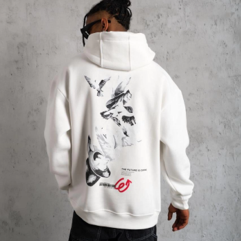 Şapkalı Güvercin Baskılı Kapşonlu Sweat - Beyaz -