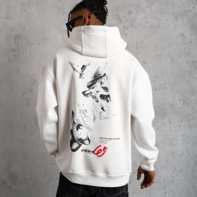 Şapkalı Güvercin Baskılı Kapşonlu Sweat - Beyaz -