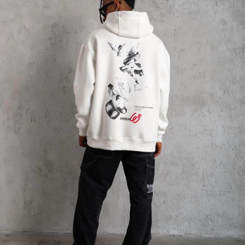 Şapkalı Güvercin Baskılı Kapşonlu Sweat - Beyaz -