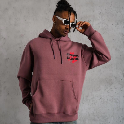 Şapkalı Güvercin Baskılı Kapşonlu Sweat - Gül Kurusu