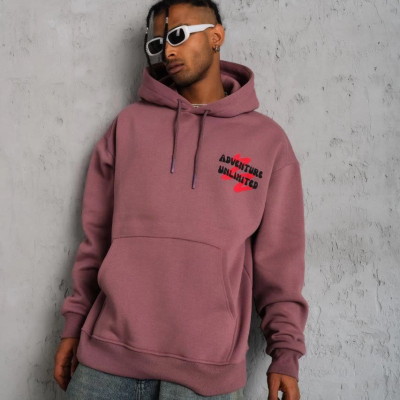 Şapkalı Güvercin Baskılı Kapşonlu Sweat - Gül Kurusu