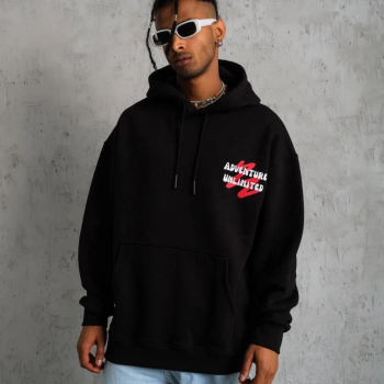 Şapkalı Güvercin Baskılı Kapşonlu Sweat - Siyah