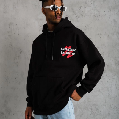 Şapkalı Güvercin Baskılı Kapşonlu Sweat - Siyah