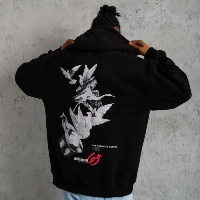 Şapkalı Güvercin Baskılı Kapşonlu Sweat - Siyah