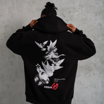 Şapkalı Güvercin Baskılı Kapşonlu Sweat - Siyah