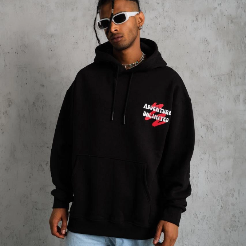 Şapkalı Güvercin Baskılı Kapşonlu Sweat - Siyah