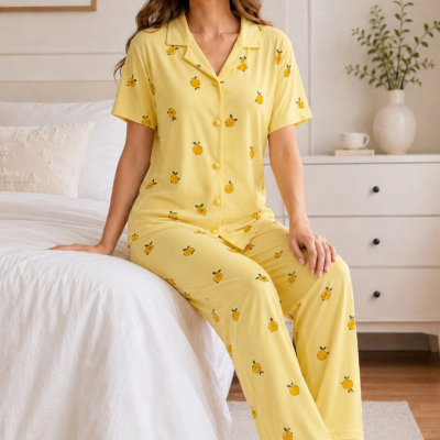 Sarı Limon Desenli Kısa Kollu Gömlek Yaka Milan Kumaş Kadın Pijama Takımı
