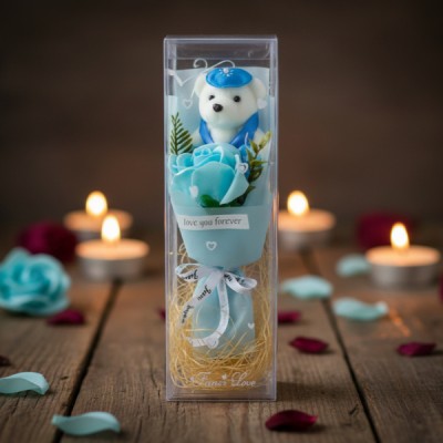 Şeffaf Kutulu Ayıcıklı Gül Buketi 