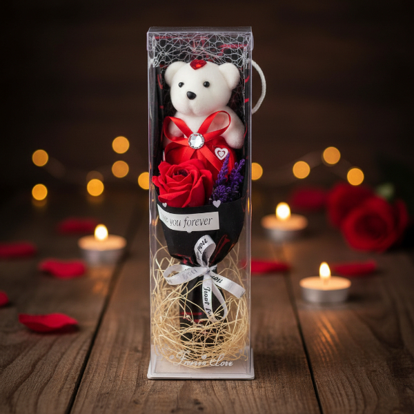 Şeffaf Kutulu Ayıcıklı Gül Buketi 