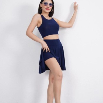 Sendy Kumaş Bisiklet Yaka Crop Şortlu Etek ikili Takım - Lacivert