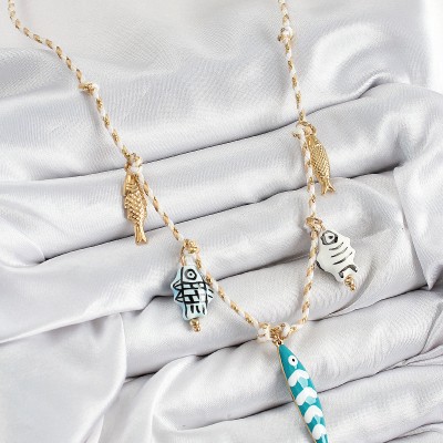 Seramik Motifli Balık Figürlü Model Krem İp Kadın Kolye