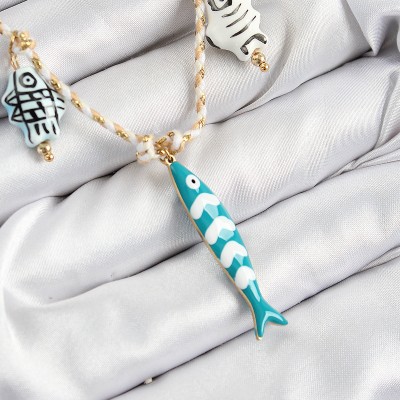 Seramik Motifli Balık Figürlü Model Krem İp Kadın Kolye