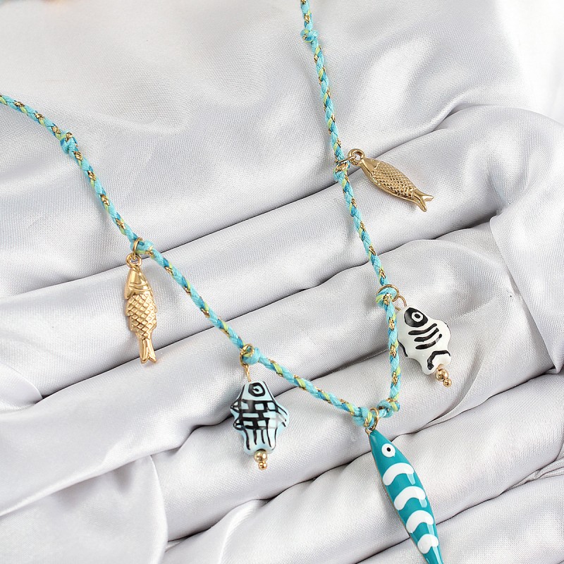 Seramik Motifli Balık Figürlü Model Mavi İp Kadın Kolye