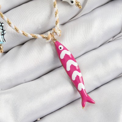 Seramik Motifli Pembe Balık Figürlü Model Krem İp Kadın Kolye