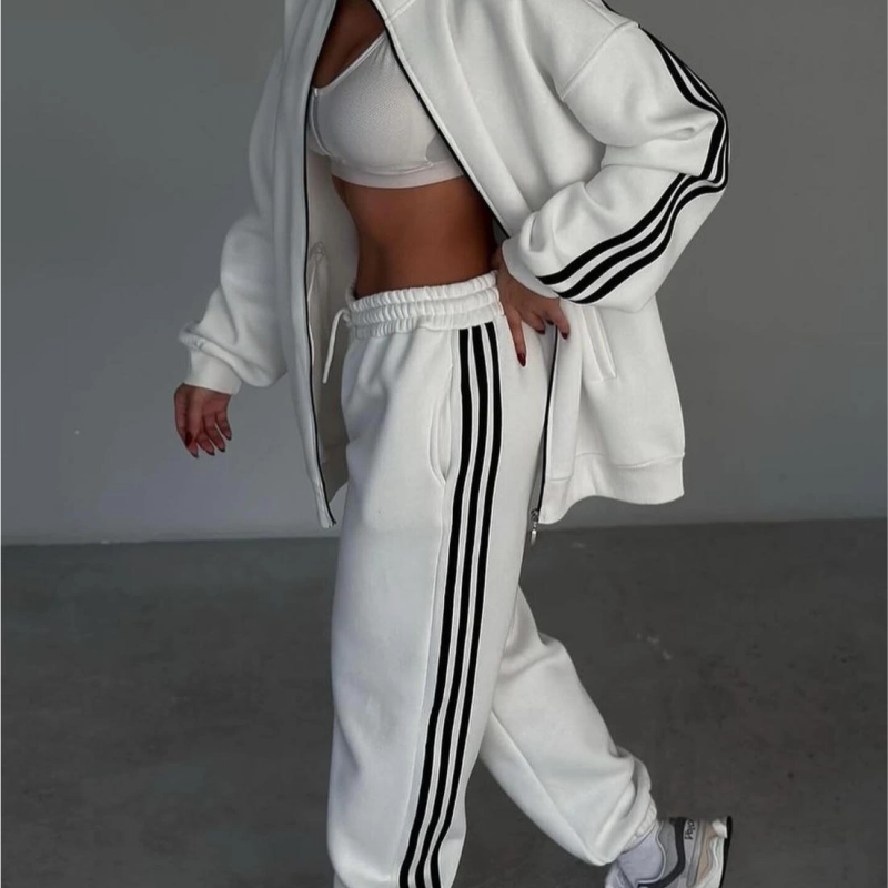 Şeritli Üç İplik Eşofman Takım - Beyaz