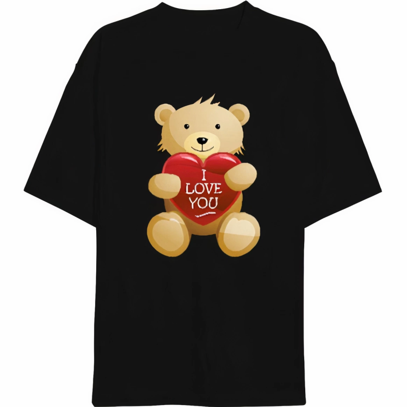 Sevgililer Günü İçin Özel Tasarım I Love You Ayı Baskılı T-shirt - Siyah -