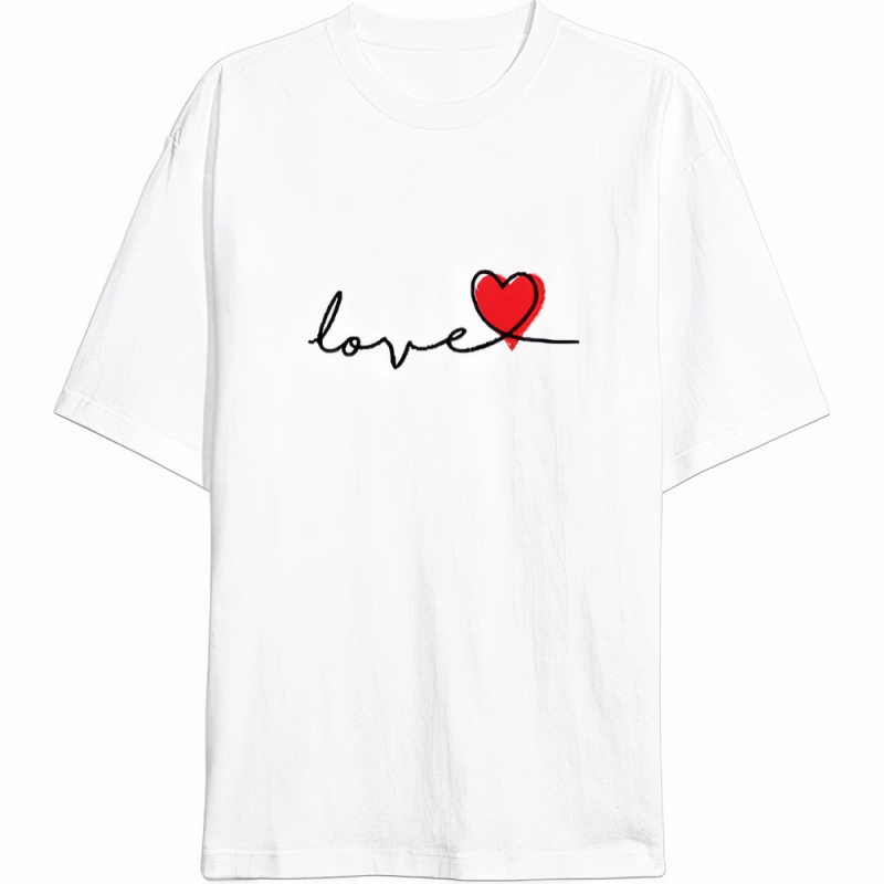Sevgililer Günü İçin Özel Tasarım Love Baskılı T-shirt - Beyaz -