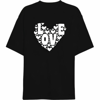 Sevgililer Günü İçin Özel Tasarım Love Kalp Baskılı T-shirt - Siyah -