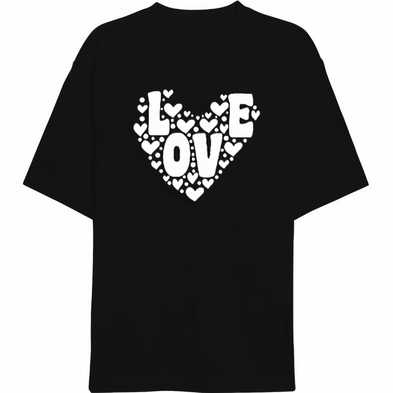 Sevgililer Günü İçin Özel Tasarım Love Kalp Baskılı T-shirt - Siyah -