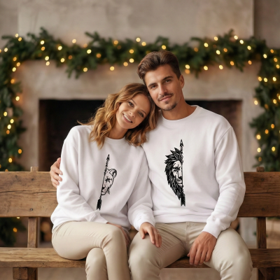 Sevgililer Günü Özel Bisiklet Yaka Aslan Baskılı Oversize Sweatshirt - Beyaz