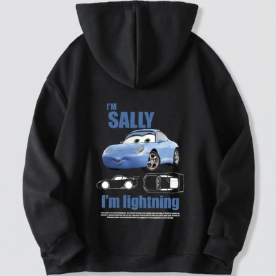 Sevgililer Günü Özel Kapüşonlu Araba Baskılı Oversize Sweatshirt - Siyah