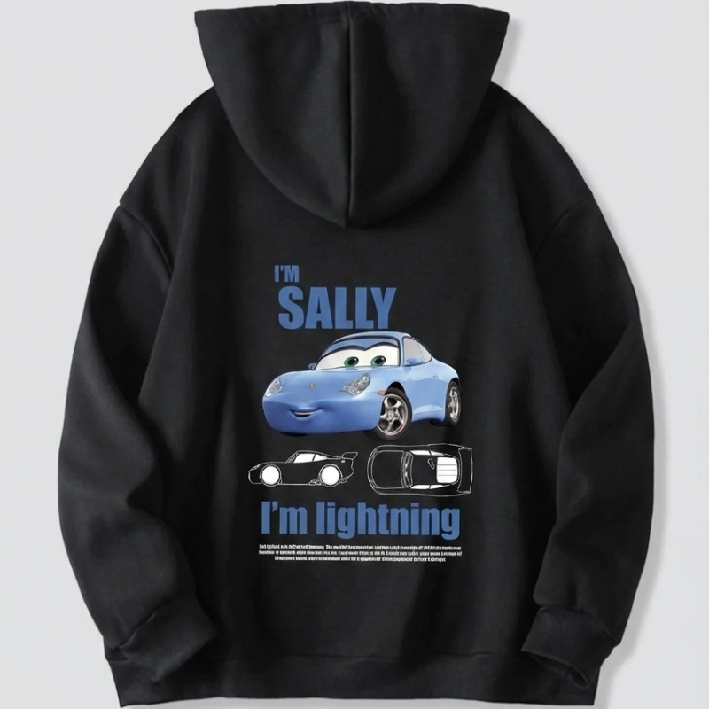 Sevgililer Günü Özel Kapüşonlu Araba Baskılı Oversize Sweatshirt - Siyah