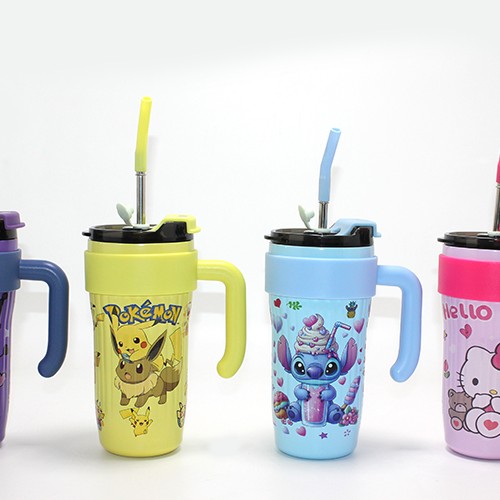 Sevimli Çizgi Film Karakterli Pipetli Termos