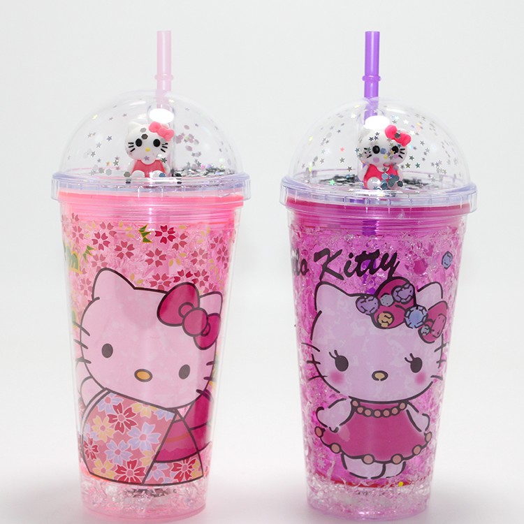 Sevimli Hello Kitty Işıklı Pipetli Boncuklu Suluk & Bardak (400 Ml)