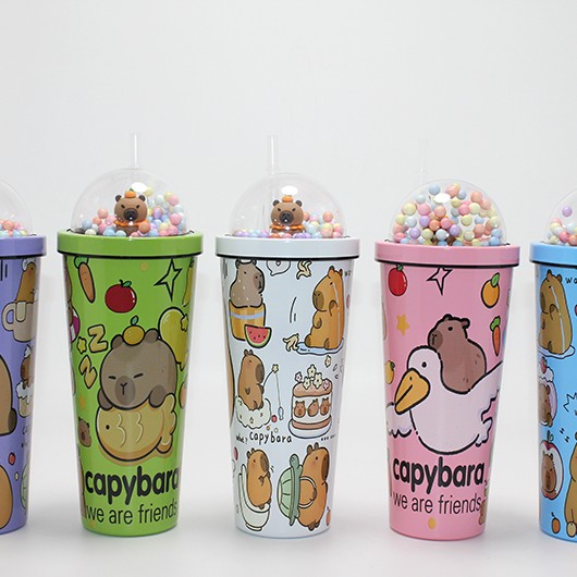 Sevimli Kapibara Pipetli Boncuklu Termos & Suluk