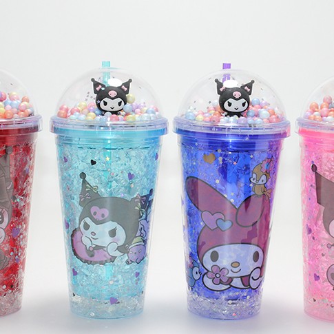 Sevimli Kuromi Işıklı Pipetli Boncuklu Suluk Bardak 400 ml