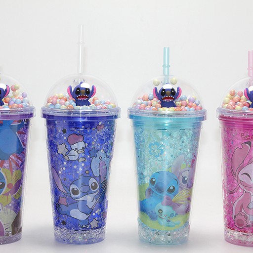 Sevimli Stitch Işıklı Pipetli Pullu Suluk Bardak 400 ml