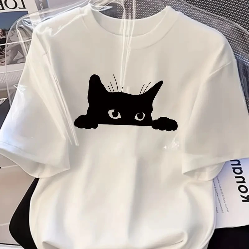 Şık Siyah Kedi Grafik Tişört - Mükemmel Yaz Modası - Beyaz -