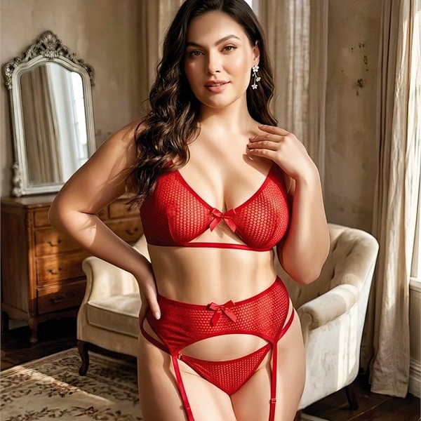Şık Tasarım Büyük Beden Kırmızı Fileli Bacak Bantlı Jartiyer Takımı