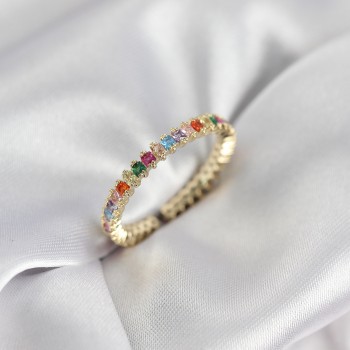 Sıralı Karışık Renkli Gold Renk Zirkon Taşlı Kadın Yüzük