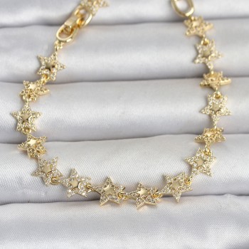 Sıralı Yıldız Model Zirkon Taşlı Gold Renk Pirinç Kadın Bileklik