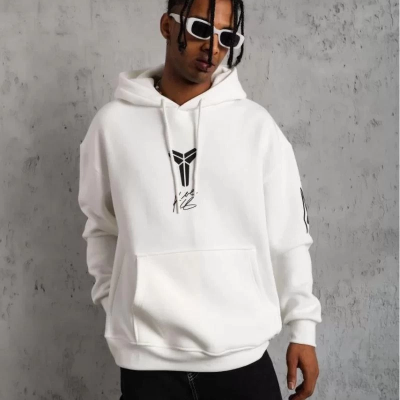 Sırt Baskılı Kapüşonlu Üç İplik Oversize Sweatshirt - Beyaz