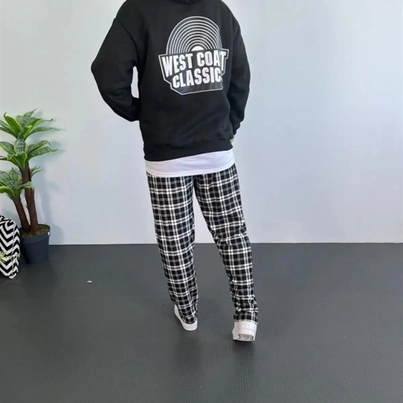 Sırt Baskılı Kapüşonlu Üç İplik Oversize Sweatshirt - Siyah