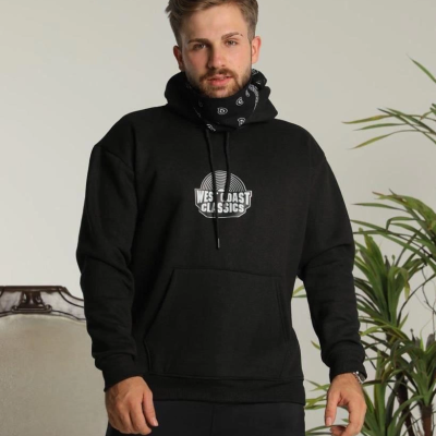 Sırt Baskılı Kapüşonlu Üç İplik Oversize Sweatshirt - Siyah